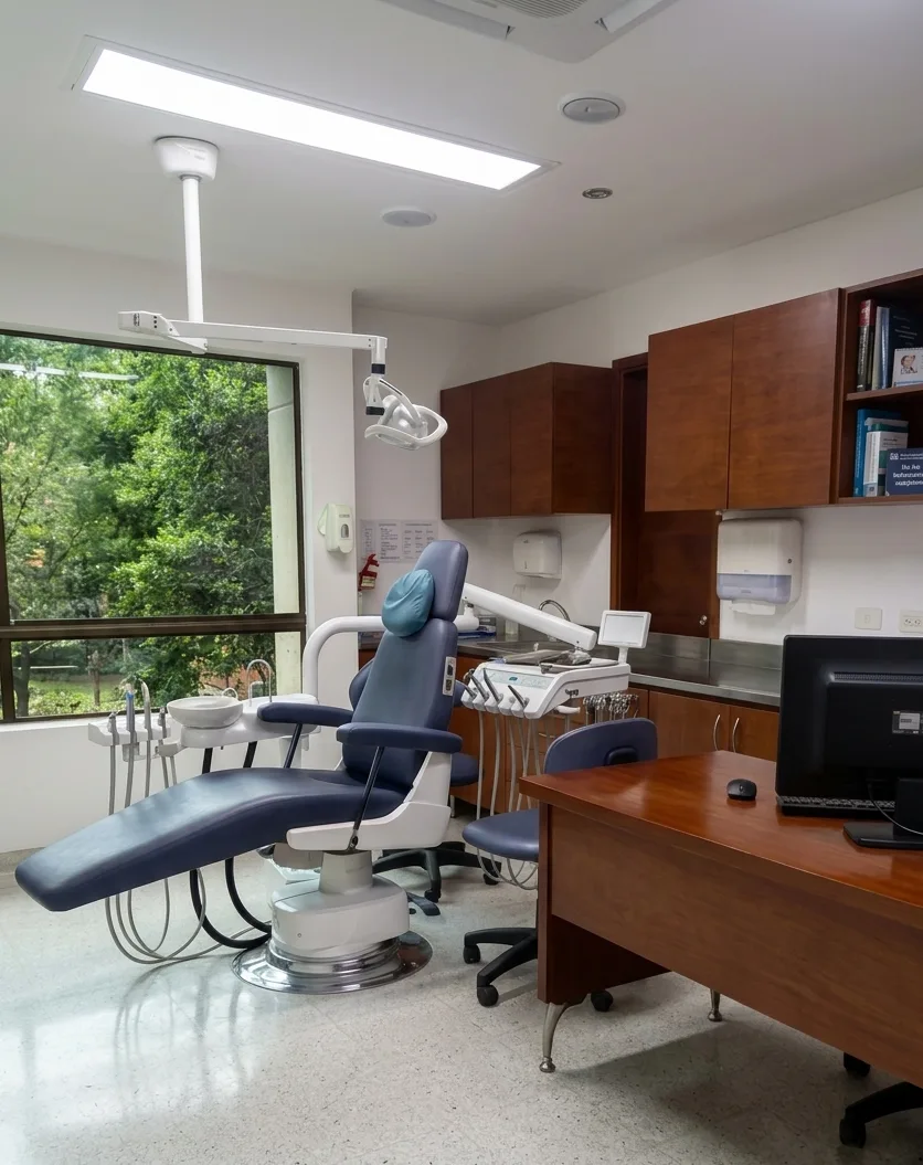 Consultorio de la Dra. Daniela García Bedoya en El Poblado, Medellín — silla dental moderna, ventana con vista a vegetación
